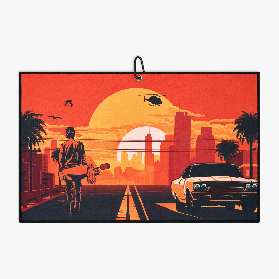 cool golf towel with city sunset